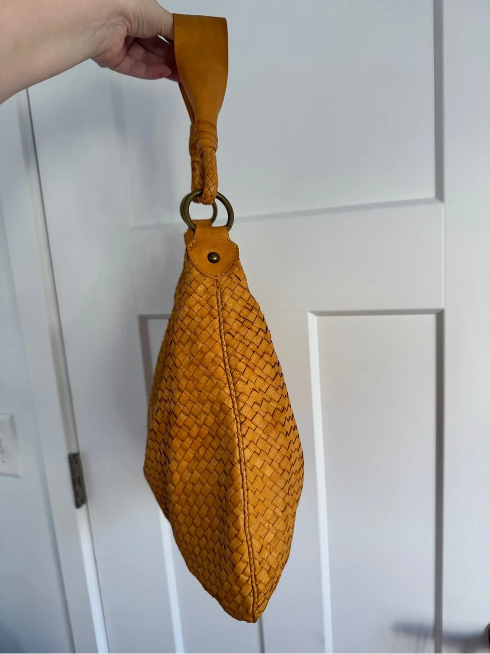 Elliott Lucca Woven Leather Hobo Shoulder Bag Mustard Cognac Large Tote